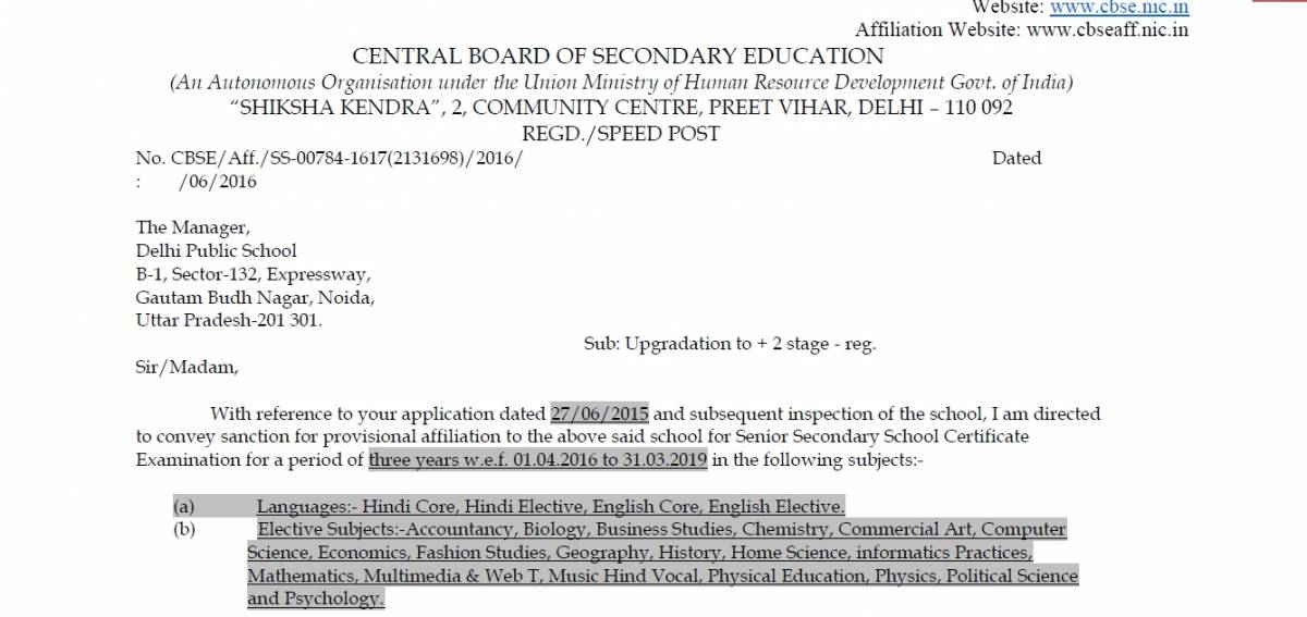 Heartiest Congratulations ! Affiliation from CBSE for +2 level.