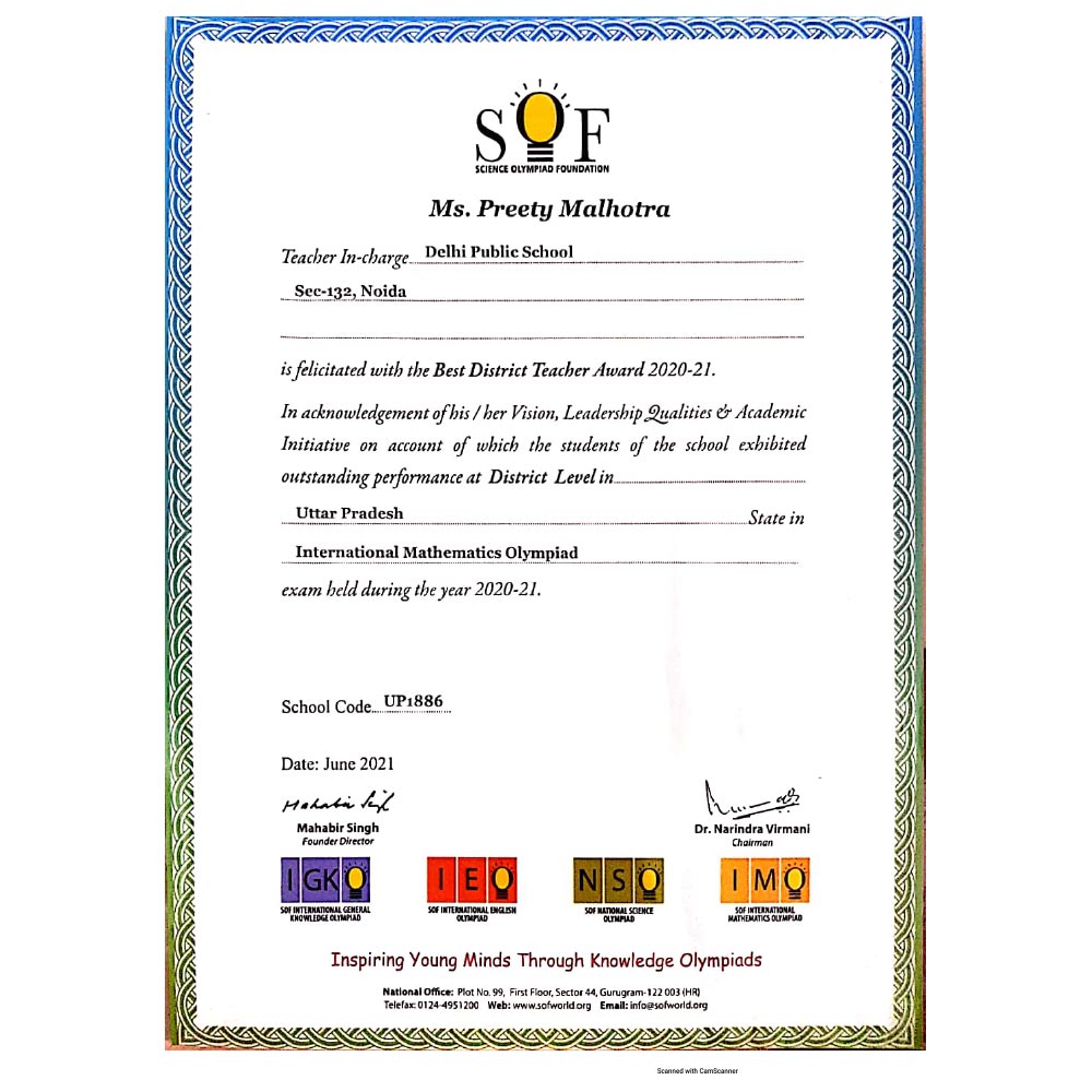 Best District Teacher Award By SOF